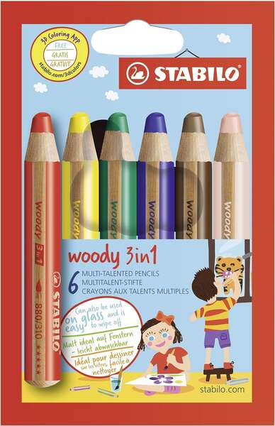 Stabilo Woody 3 en 1 Pack de 6 Lapices de Colores - Lapiz de Color, Cera y Acuarela, Todo en Uno - Mina XXL 10mm - Colores Surti