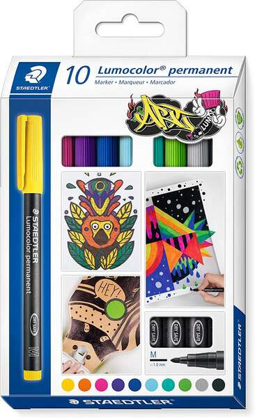 Staedtler Lumocolor 317 Pack de 10 Rotuladores Permanentes - Punta Media Redonda - Trazo 1mm Aprox - Capuchon con Clip - Secado