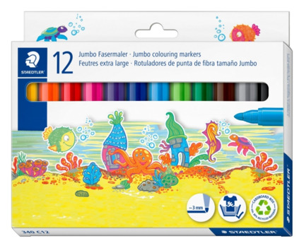 Staedtler Noris Jumbo 340 Pack de 12 Rotuladores Jumbo - Punta de Fibra - Trazo 3mm - Lavable Facilmente - Tinta Base de Agua - Tapa Ventilada - Colores Surtidos