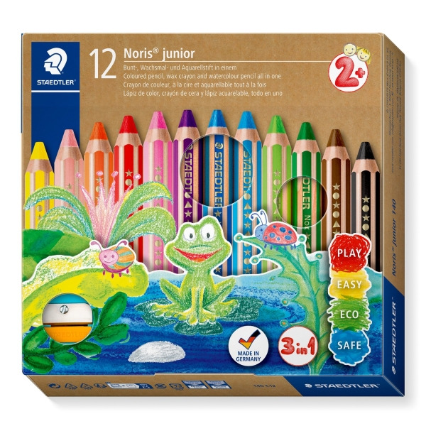 Staedtler Noris Junior Pack de 12 Lapices de Colores Extragruesos + Sacapuntas - 3 en 1, Lapiz, Cera y Acuarelable - Colores Sur