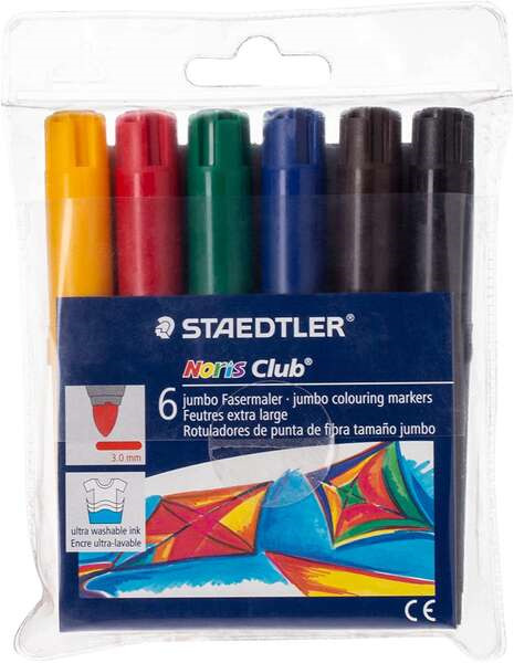 Staedtler Noris Watercolour 341 Pack de 6 Rotuladores de Gran Tamaño - Trazo 3mm Aprox - Lavable Facilmente - Tinta Base de Agu