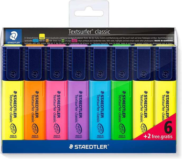 Staedtler Textsurfer Classic 364 Pack de 8 Marcadores Fluorescentes - Punta Biselada 1 - 5mm Aprox - Secado Rapido - Colores Sur