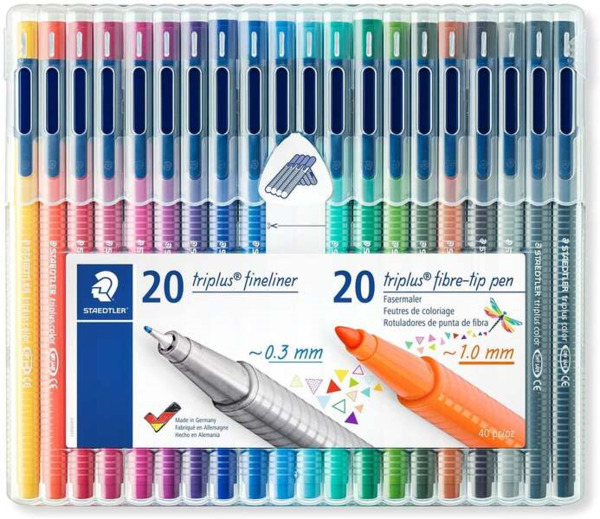 Staedtler Triplus Pack de 20 Rotuladores de Punta Fina 0.3mm + 20 Rotuladores de Punta Fibra 1mm - Capuchon con Clip - Colores S