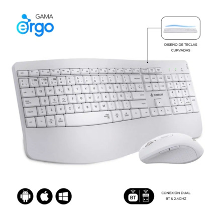 Subblim Dual Office Prowave White Pack de Teclado Ergonomico + Raton 3200dpi Inalambricos Bluetooth 5.3 y Receptor USB - Bateria Recargable - Color Blanco