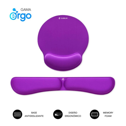 Subblim Pack Ergo MemoryFlex Alfombrilla Ergonomica para Raton y ReposamuÃ±ecas Teclado - Espuma Elastica - Microtexturizada Impermeable - Base Antideslizante - Color Lila