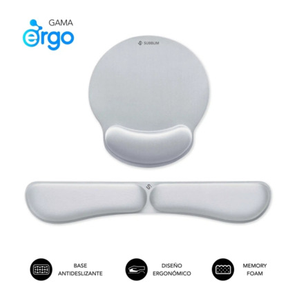 Subblim Pack Ergo MemoryFlex Alfombrilla Ergonomica para Raton y ReposamuÃ±ecas Teclado - Espuma Elastica - Microtexturizada Impermeable - Base Antideslizante - Color Plata