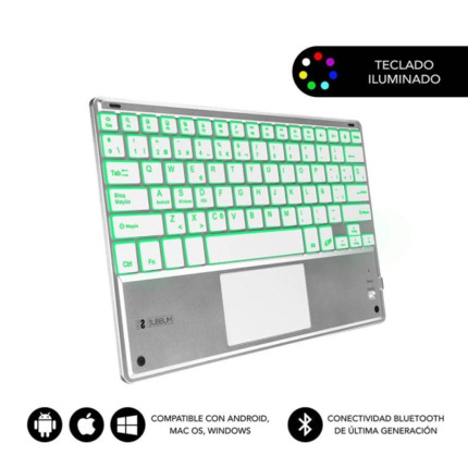 Subblim Teclado Retroiluminado Ultrafino SMART BT - TouchPad - IluminaciÃ³n Hasta 7 Colores Ajustables - Bluetooth 3.0 - Autonomia 30 dias - Color Plata