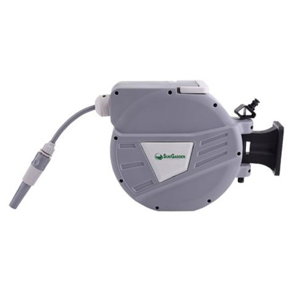 Sungarden SG0164 Manguera 10 Metros - Recogedor Automatico con Guia - Soporte Para Instalacion en Pared - Giro 180 - Color Gris