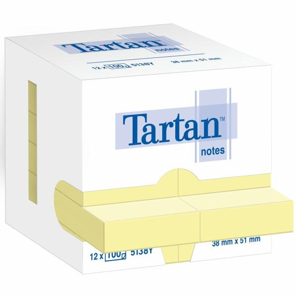 Tartan Pack de 12 Blocs de 100 Notas Adhesivas Reposicionables 51x38mm - 100% PEFC - Color Amarillo Claro