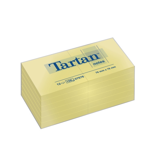 Tartan Pack de 12 Blocs de 100 Notas Adhesivas Reposicionables - 76x76mm - 100% PEFC - Color Amarillo Claro