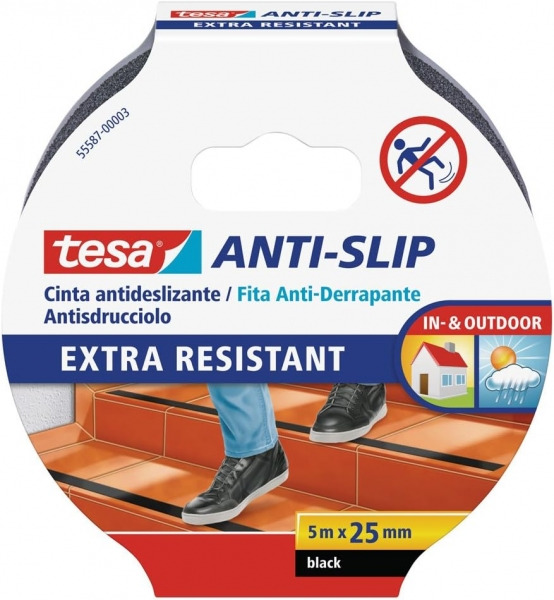 Tesa Cinta Adhesiva Antideslizante 25mm x 5m - Extremadamente Fuerte y Duradera - Adhesion muy Fuerte - Se puede Cortar a Mano -