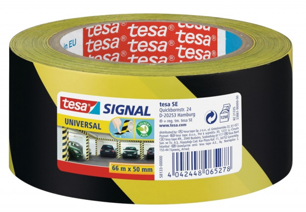Tesa Cinta Adhesiva de Señalizacion 50mm x 66m - Ideal para Señalizar Obstaculos Permanentes - Adhesivo sin Disolventes - Colo
