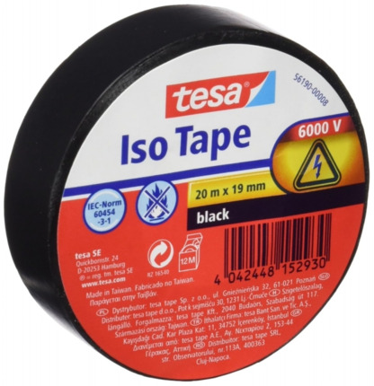 Tesa Cinta Aislante 19mm x 20m - Fabricada en PVC - Para Reparar, Aislar y Agrupar todo tipo de Cables Electricos - Color Negro