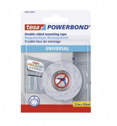 Tesa Powerbond Cinta Adhesiva Doble Cara 19mm x 1.5 Metros - Para Fijacion Segura y Rapida de Objetos Planos y Ligeros - Color Blanco