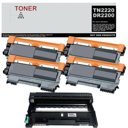 TN2220 DR2200 pack 4 toner negro y 1 tambor compatible con Brother TN2220 DR2200