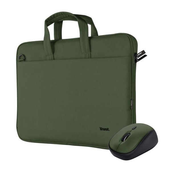 Trust Maletin para Portatil de 16" Ecologico + Raton Inalambrico Silencioso - Diseño Reciclado - Compacto y Ligero - Multiples