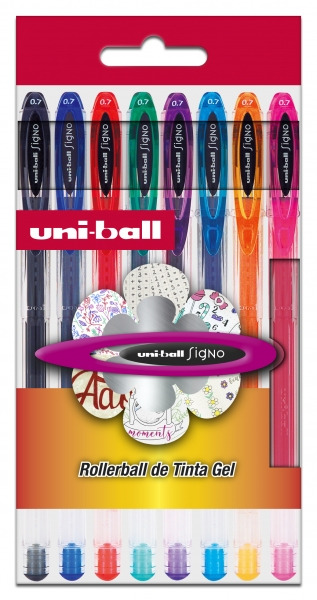 Uni-ball Signo Basico Pack de 8 Boligrafos de Tinta Gel - Punta de Bola 0.7mm - Tinta Resistente al Agua y Luz - Colores Surtido