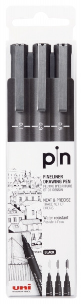 Uni-ball Uni Pin Pack de 3 Rotuladores Calibrados 0.1, 0.3, 0.5 - Punta Poliacetal - Tinta Pigmentada Resistente al Agua y Luz -