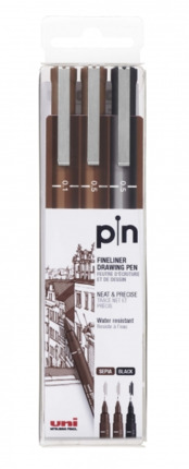 Uni-ball Uni Pin Pack de 3 Rotuladores Calibrados 0.1, 0.5 - Punta Poliacetal - Tinta Pigmentada Resistente al Agua y Luz - Ideal para Dibujo Profesional y Escritura - Colores Negro y Sepia