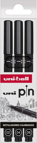 Uni-ball Uni Pin Pack de 3 Rotuladores Calibrados 0.2, 0.4, 0.8 - Punta Poliacetal - Tinta Pigmentada Resistente al Agua y Luz -
