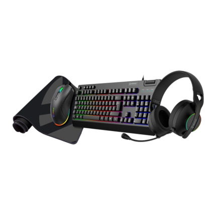 Unykach Pack Gaming NOVA 4in1 USB Teclado Multimedia + Raton 7200dpi + Auriculares con Microfono + Alfombrilla XL - Teclado EspaÃ±ol - Color Negro