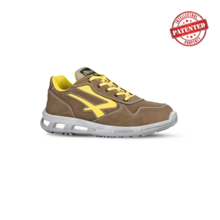 Upower Brave S ESD Calzado de Seguridad Bajos - Talla 44 - Cuero Nubuck Resistente, Puntera de Aluminio, Proteccion Hidrofuga, Antiarrugas, Antideslizante, Suela de Poliuretano, Clase S3S CI FO SR - Color Beige y Amarillo