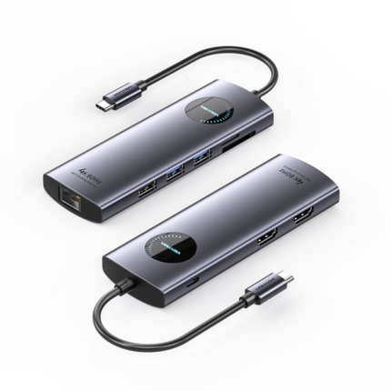 Vention Docking Station 9 en 1 USB-C a 2xHDMI/2xUSB3.0/USB 2.0/RJ45/SD/TF/PD 100W - 0.15m - Color Gris
