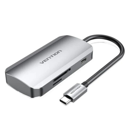Vention Hub 6 en 1 USB-C a 3x USB3.0, Lector Tarjetas SD/MicroSD, USB-C PD100W - Longitud del Cable 0.15m - Color Gris