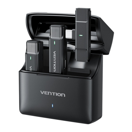 Vention Levalier Microfono Clip Inalambrico USB-C - Cancelacion de Ruido Avanzada - Bateria 30h - Rango 300m - Color Negro