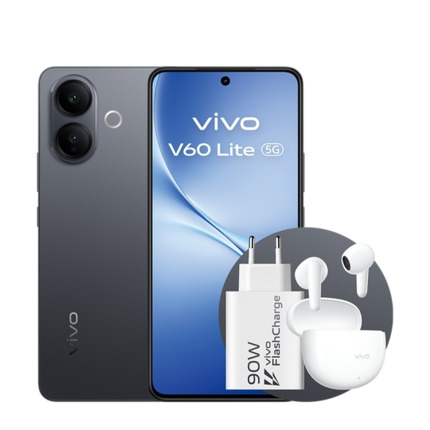 Vivo V60 Lite 5G Smartphone Pantalla 6.77" - 120Hz - 8GB - 256GB - Camara 50Mp - Bateria 6500mAh - Admite Carga de 90W - Color Negro + Cargador y Auriculares
