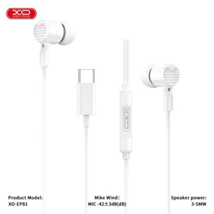 XO EP81 Auriculares Intrauditivos con Microfono - Conexion USB-C - Cable de 1.20m - Color Blanco